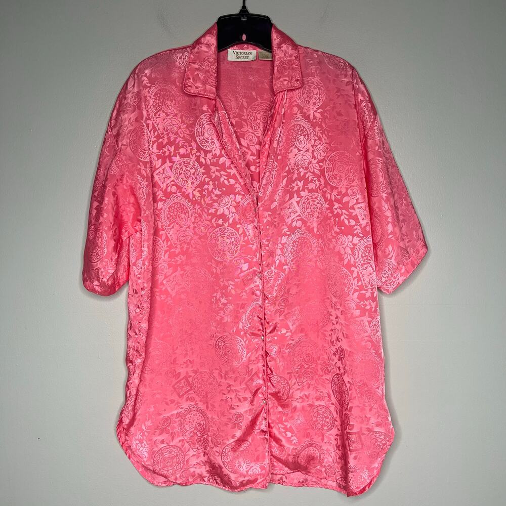 VTG Victoria's Secret Sleep Shirt Gold Label Pink Satin Pearl Button Front P/S